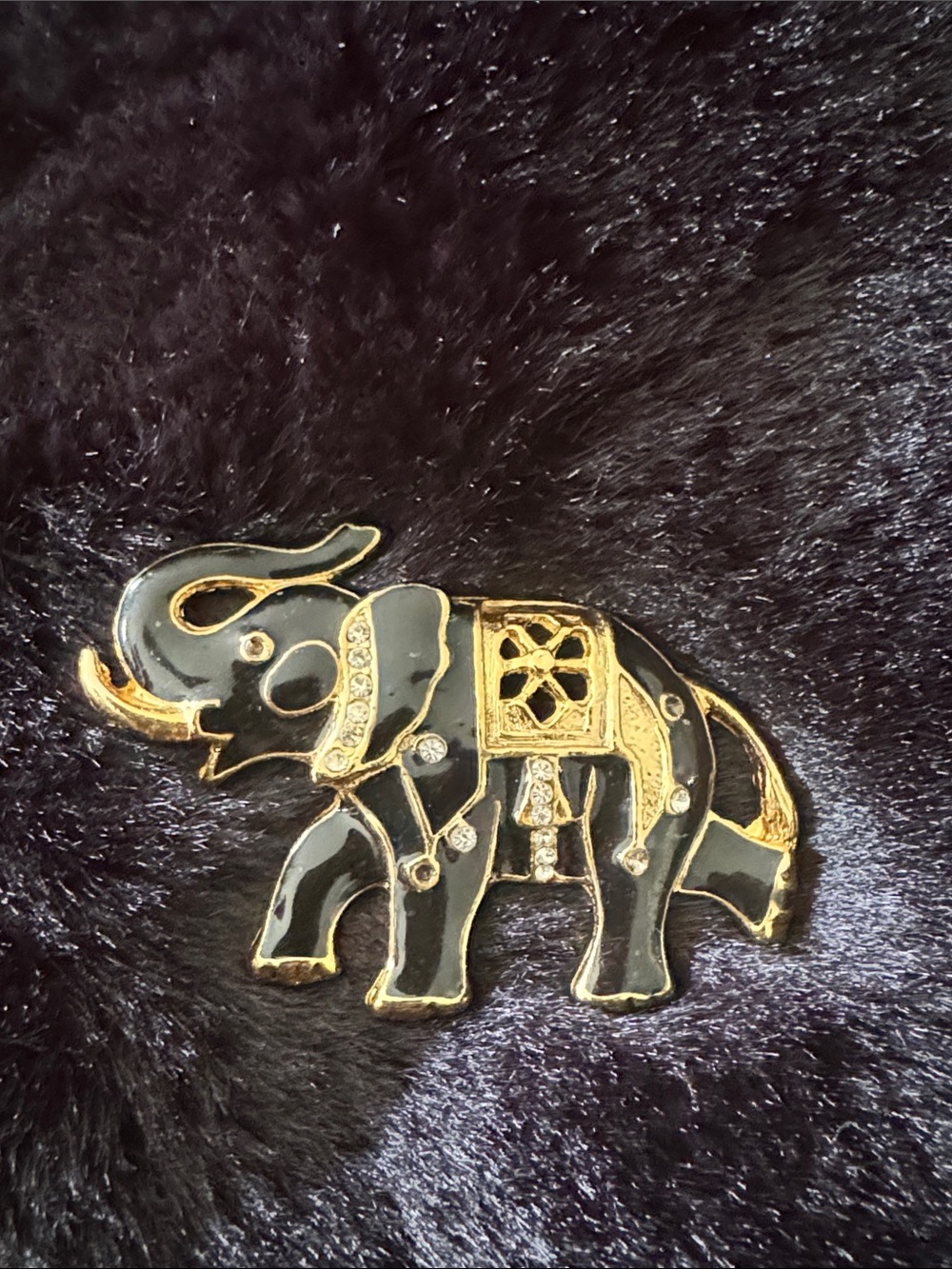 Vintage Black Enamel Elephant Brooch Gold Tone Rhinestone Lucky Elephant Pin